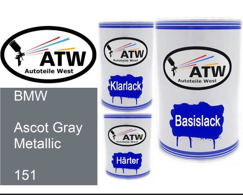 BMW, Ascot Gray Metallic, 151: 500ml Lackdose + 500ml Klarlack + 250ml Härter - Set, von ATW Autoteile West.